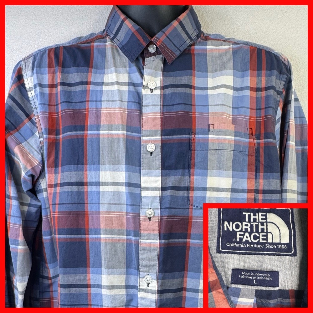 The North Face Button Down Shirt Mens Large‎ Blue Red Plaid Long Sleeve Cotton